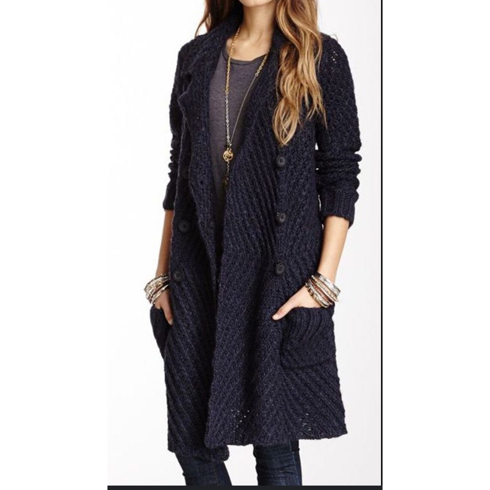 Free People Alpaca Wool Blend Navy Double Breasted Duster‎ Cardigan S Open Knit